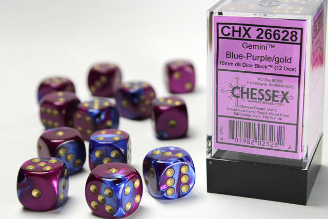 12D6 Gemini Blue - Purple w/ Gold Dice Block - 16mm