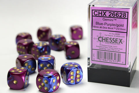 12D6 Gemini Blue - Purple w/ Gold Dice Block - 16mm