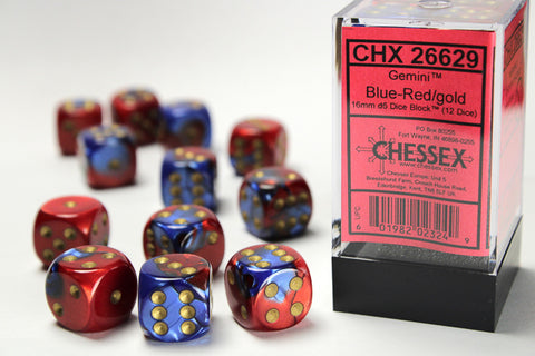 12D6 Gemini Blue - Red w/ Gold Dice Block - 16mm