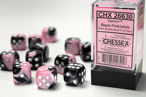 12D6 Gemini Black - Pink w/ White Dice Block - 16mm