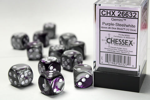 12D6 Gemini Purple - Steel w/White Dice Block - 16mm