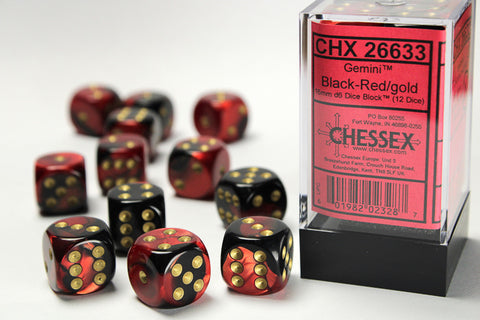 12D6 Gemini Black - Red w/ Gold Dice Block - 16mm