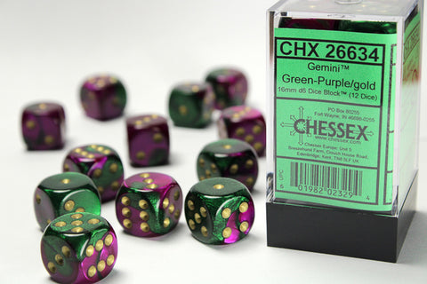 12D6 Gemini Green - Purple w/ Gold Dice Block - 16mm