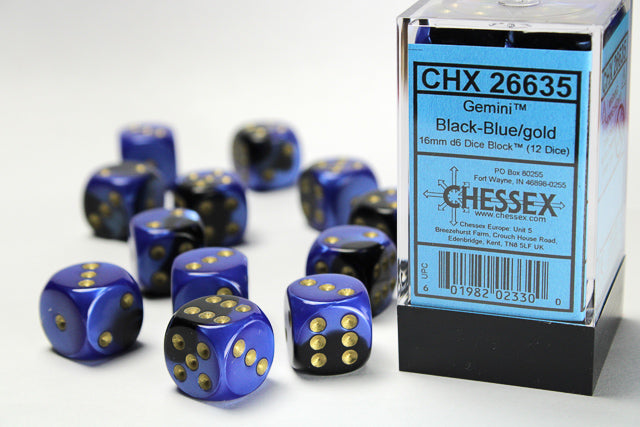12D6 Gemini Black - Blue w/ Gold Dice Block - 16mm