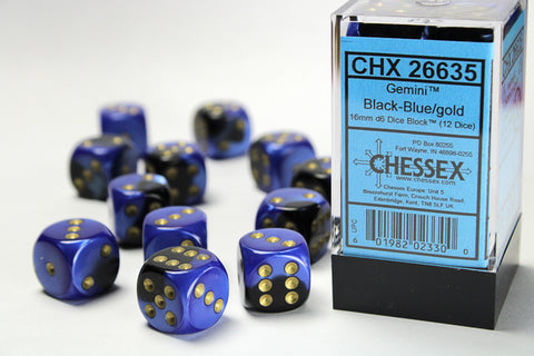 12D6 Gemini Black - Blue w/ Gold Dice Block - 16mm