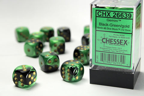12D6 Gemini Black - Green w/ Gold Dice Block - 16mm