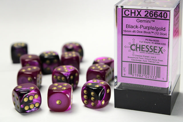 12D6 Gemini Black - Purple w/ Gold Dice Block - 16mm