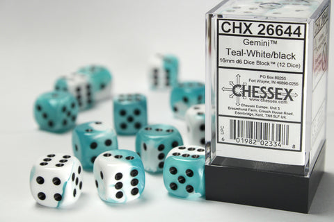 12D6 Gemini Teal - White w/ Black Dice Block - 16mm