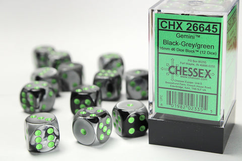 12D6 Gemini Black - Grey w/ Green Dice Block - 16mm