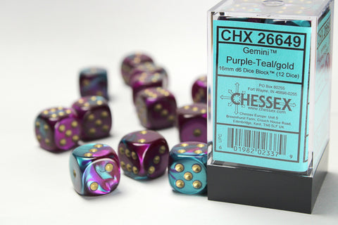 12D6 Gemini Purple - Teal w/ Gold Dice Block - 16mm