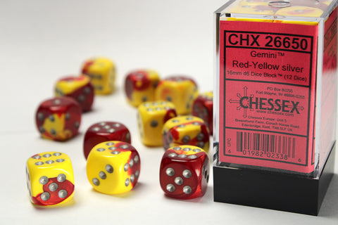 12D6 Gemini Red - Yellow w/ Silver Dice Block - 16mm