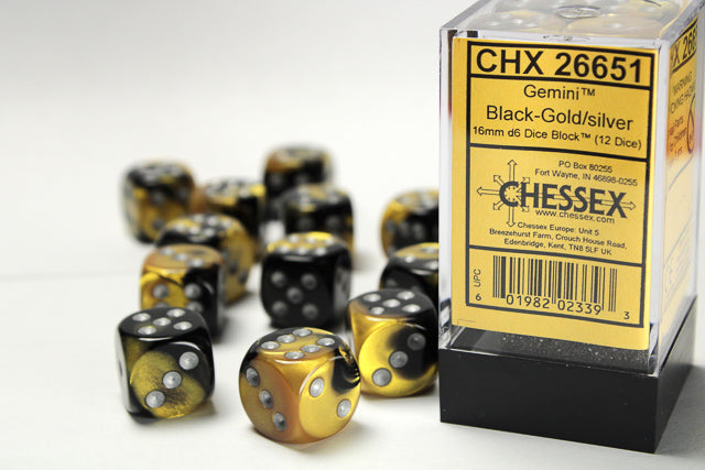 12D6 Gemini Black - Gold w/ Silver Dice Block - 16mm
