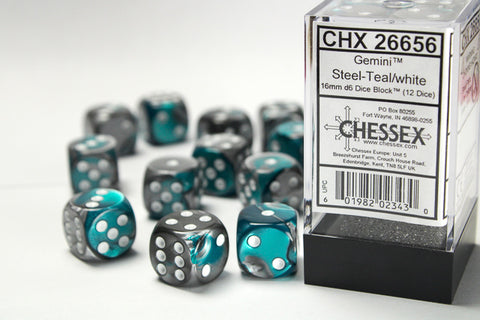 12D6 Gemini Steel - Teal w/ White Dice Block - 16mm
