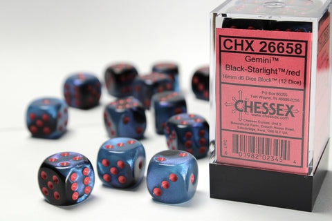 12D6 Gemini Black - Starlight w/ Red Dice Block - 16mm