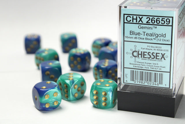 12D6 Gemini Blue - Teal w/ Gold Dice Block - 16mm