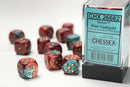 12D6 Gemini Red - Teal w/ Gold Dice Block - 16mm
