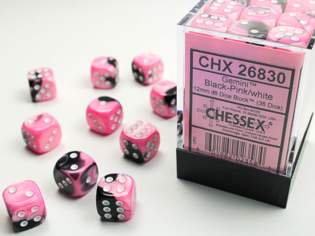 36D6 Gemini Black - Pink w/ White Dice Block - 12mm