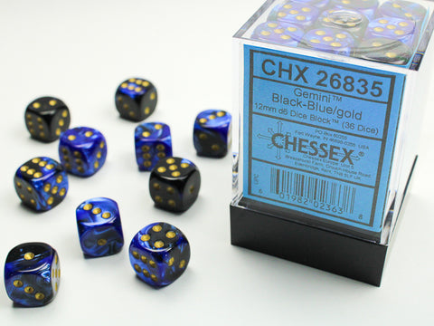 36D6 Gemini Black - Blue w/ Gold Dice Block - 12mm