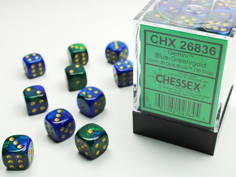 36D6 Gemini Blue - Green / Gold Dice Block - 12mm