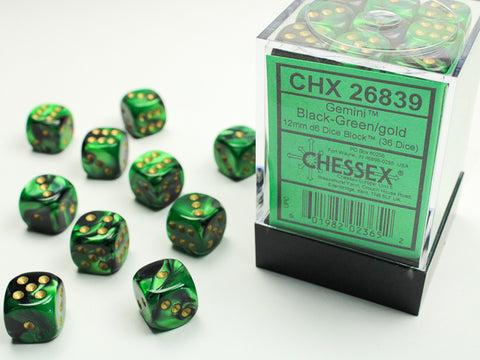 36D6 Gemini Black - Green w/ Gold Dice Block - 12mm