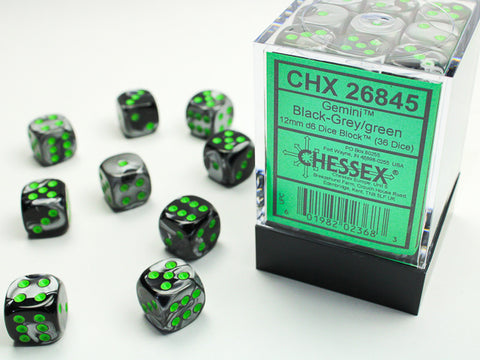 36D6 Gemini Black - Grey w/ Green Dice Block - 12mm