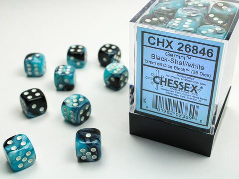 36D6 Gemini Black - Shell w/ White Dice Block - 12mm