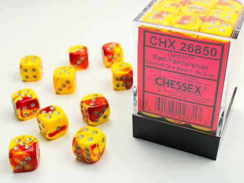 36D6 Gemini Red - Yellow w/ Silver Dice Block - 12mm