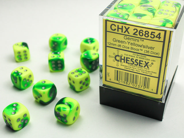 36D6 Gemini Green - Yellow w/ Silver Dice Block - 12mm
