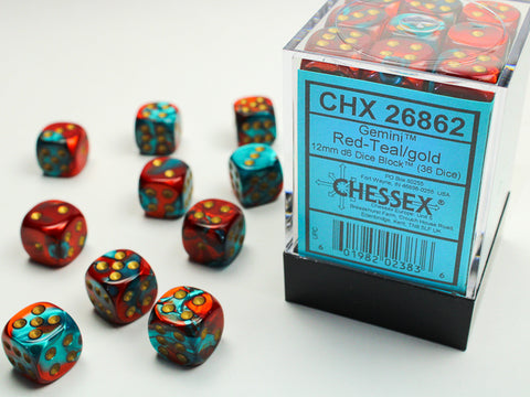 36D6 Gemini Red - Teal w/ Gold Dice Block - 12mm