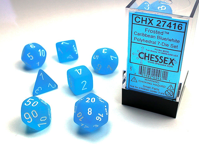 Polyhedral Frosted Caribbean Blue w/ White Dice Sets