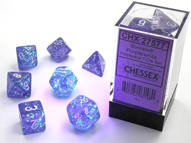 Polyhedral Luminary Borealis Purple / White Dice Set