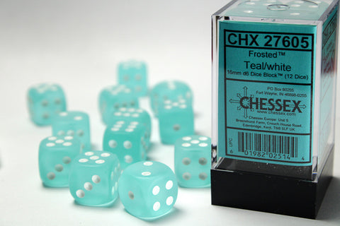 12D6 Frosted Teal w/ White Dice Block - 16mm