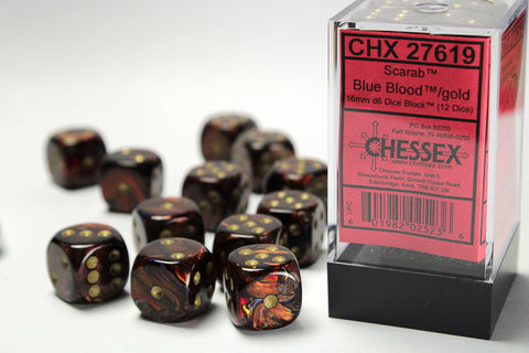 12D6 Scarab Blue Blood w/ Gold Dice Block - 16mm