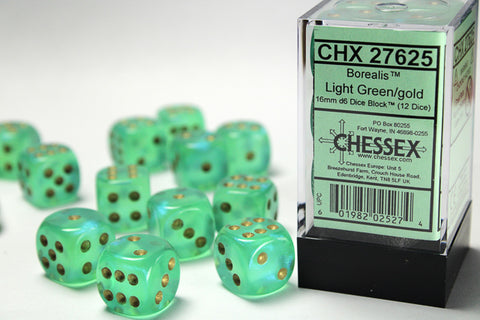 12D6 Borealis Light Green w/ Gold Dice Block - 16mm