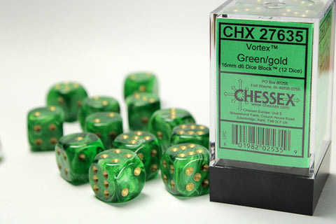 12D6 Vortex Green / Gold Dice Block - 16mm