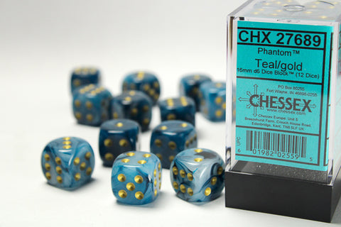 12D6 Phantom Teal w/ Gold Dice Block - 16mm