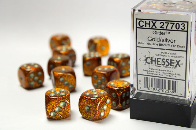 12D6 Glitter Gold / Silver Dice Block - 16mm