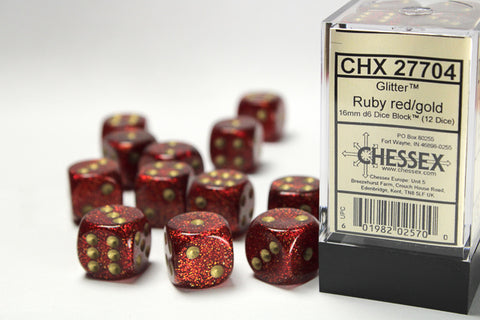 12D6 Glitter Ruby Red / Gold Dice Block - 16mm