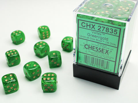 36D6 Vortex Green / Gold Dice Block - 12mm