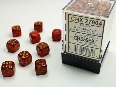 36D6 Glitter Ruby Red / Gold Dice Block - 12mm
