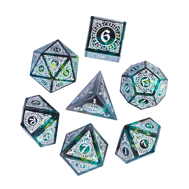 Clear Etched Nebula Sharp Edge Polyhedral Hand Made Dice Set