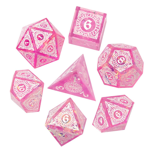 Pink Etched Nebula Sharp Edge Polyhedral Hand Made Dice Set