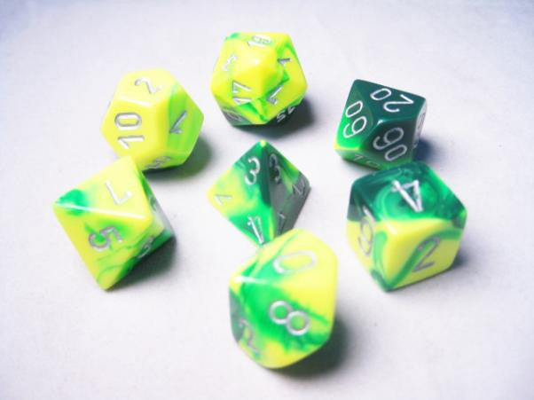Polyhedral Gemini Green - Yellow w/ Silver Dice Sets
