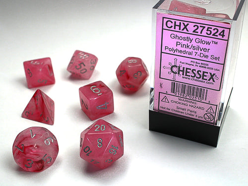 Polyhedral Ghostly Glow Pink/Silver Dice Sets
