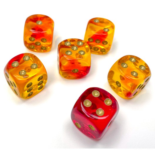12D6 Gemini Translucent Red-Yellow / Gold Dice Block - 16mm