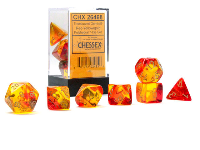 Polyhedral Gemini Translucent Red - Yellow w/ Gold Dice Sets