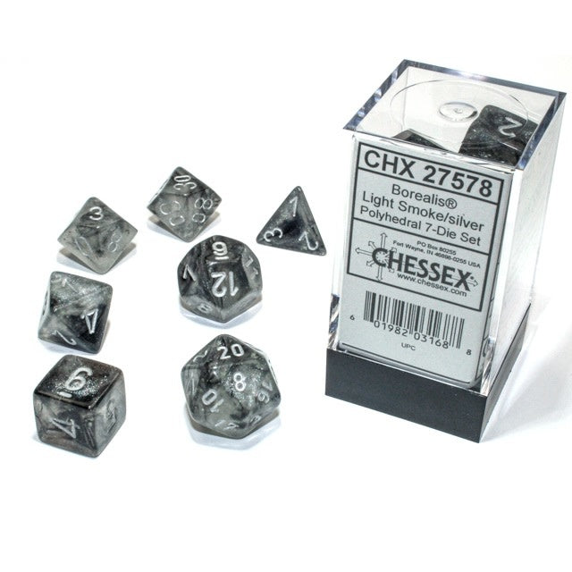 Polyhedral Luminary Borealis Light Smoke / Silver Dice Set