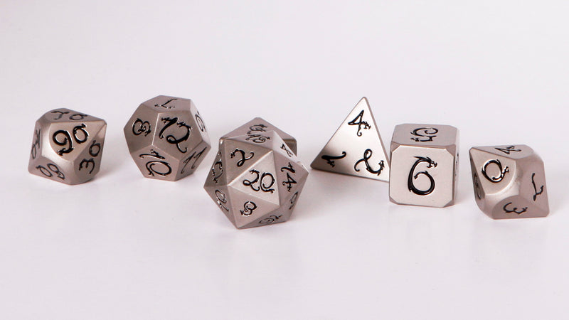 Nickel/Black Dragon Polyhedral Metal Dice Set