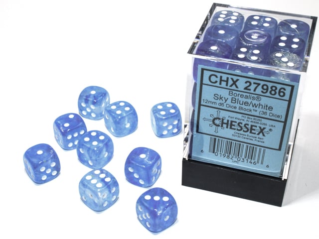 36D6 Borealis Sky Blue / White Dice Block - 12mm