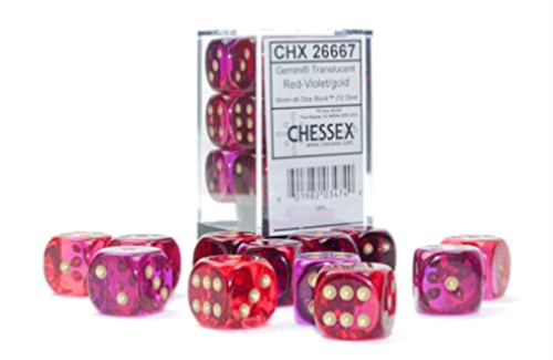 12D6 Gemini Translucent Red - Violet / Gold Dice Block - 16mm